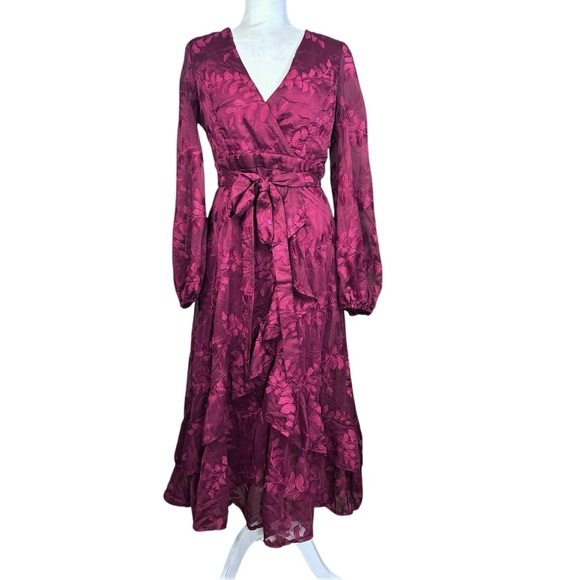 Lulu's Faux Wrap Midi Dress Large Party Holiday Chiffon Embroidered Asymmetrical - Picture 3 of 17